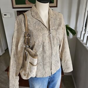 Y2k leather snake-like beige snag fitting zip-up v-neck biker jacket Size S